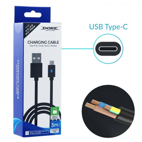 Зарядный кабель DOBE 3м USB / USB Type-C для геймпада DualSense Sony PlayStation PS5 / PS5 Digital Edition / Microsoft Xbox Series S,X / Nintendo Switch с LED подсветкой статуса зарядки