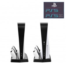 Вертикальная подставка KJH для Sony PlayStation PS5 Disk Drive version / PS5 Digital Edition с охлаждающими кулерами, зарядная станция для двух геймпадов DualSense с LED подсветкой