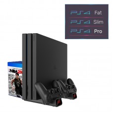 Мультифункциональная вертикальная подставка DOBE для Sony PlayStation PS4 Pro / PS4 Slim / PS4 Fat с охлаждающими кулерами, зарядная станция для двух геймпадов DUALSHOCK 4 с LED подсветкой, подставка под 10 дисков