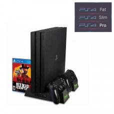 Мультифункциональная вертикальная подставка DOBE для PlayStation PS4 Pro / PS4 Slim / PS4, с охлаждающими кулерами, зарядная станция для двух геймпадов DUALSHOCK 4, подставка под 12 дисков